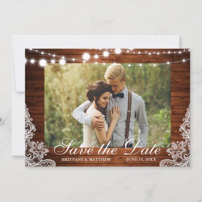 Rustic Wood String Lights Lace Photo Save The Date (Front)