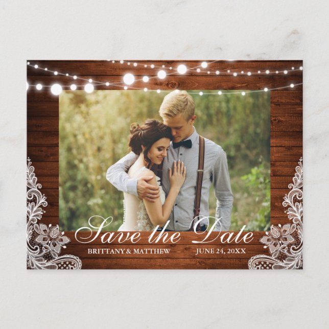 Rustic Wood String Lights Lace Photo Save the Date Postcard (Front)
