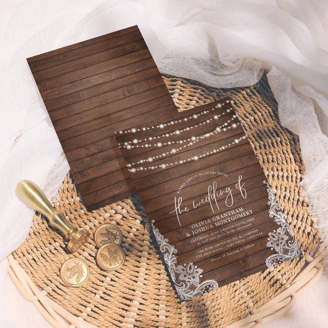 Rustic Wood String Lights & Lace Script Wedding Invitation (Creator Uploaded)