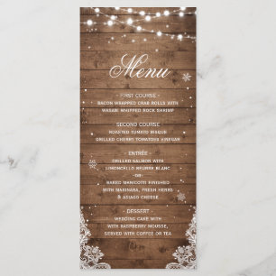 Rustic Wood String Lights Lace Snowflakes Menu