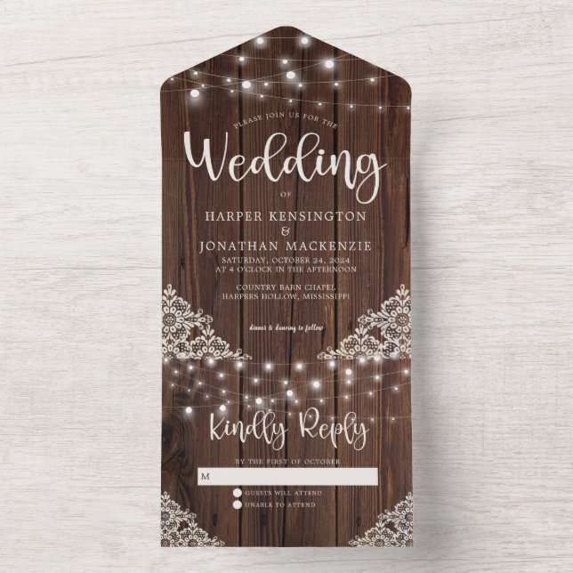 Rustic Wood String Lights Lace Wedding All In One Invitation (Inside)