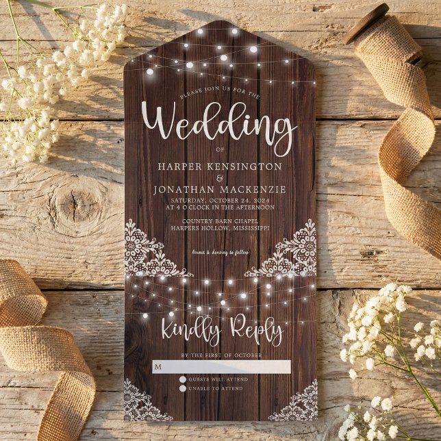 Rustic Wood String Lights Lace Wedding All In One Invitation (Creator Uploaded)