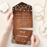 Rustic Wood String Lights Lace Wedding All In One Invitation<br><div class="desc">Rustic Wood String Lights and Lace Wedding All In One Invitation with RSVP Card</div>