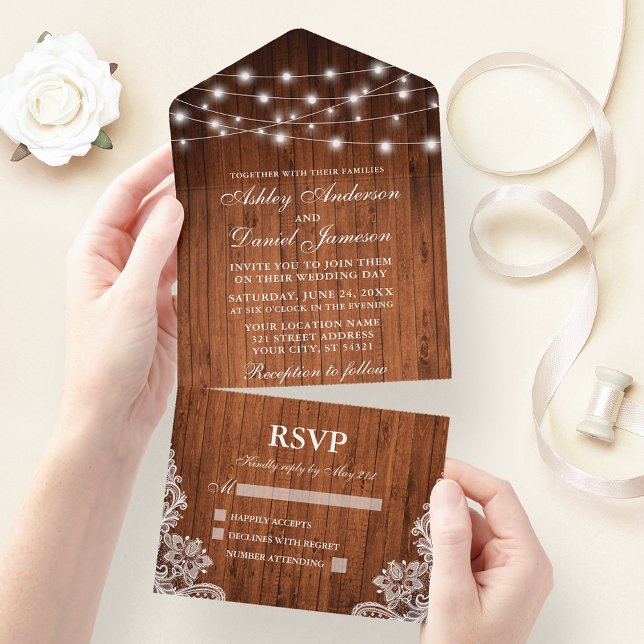 Rustic Wood String Lights Lace Wedding All In One Invitation (All In One Wedding Invitation with tear off RSVP Card)