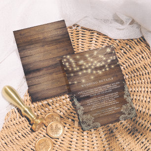 Rustic Wood & String Lights   Lace Wedding Details Enclosure Card