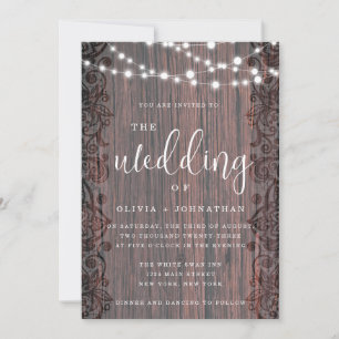 Rustic Wood String Lights Lace Wedding Invitation