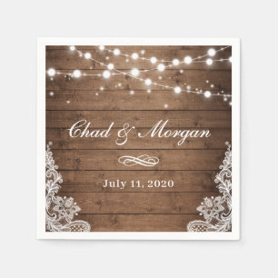 Rustic Wood String Lights Lace Wedding Napkin