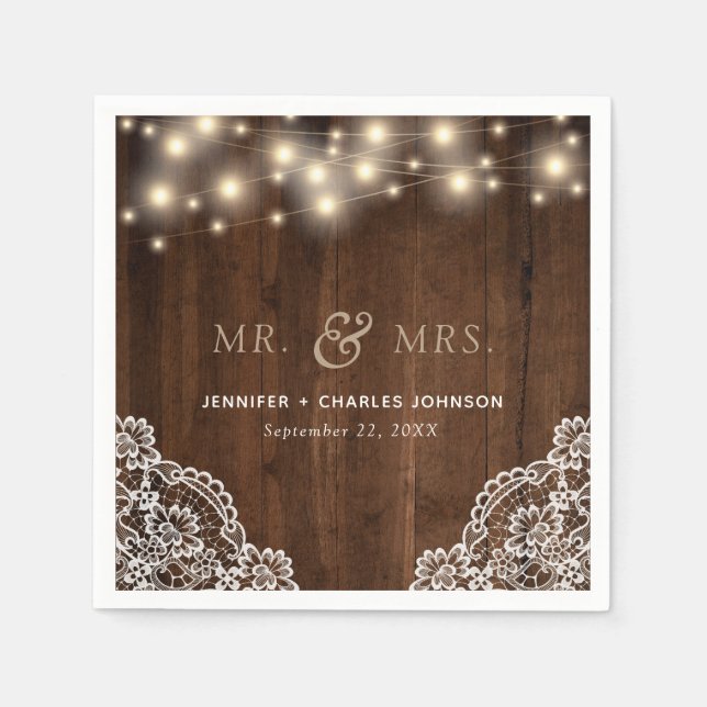 Rustic Wood String Lights Lace | Wedding Napkin (Front)