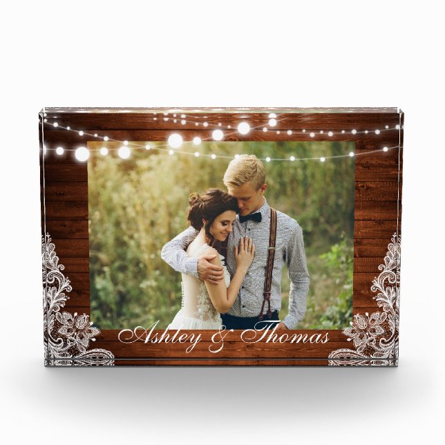 Rustic Wood String Lights Lace Wedding Photo Block (Front)