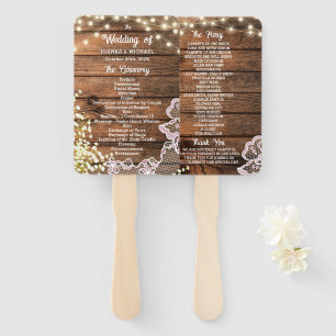 Rustic Wood String Lights & Lace Wedding Program Hand Fan