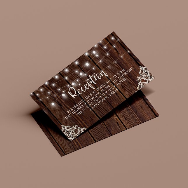 Rustic Wood String Lights Lace Wedding Reception Enclosure Card (Creator Uploaded)