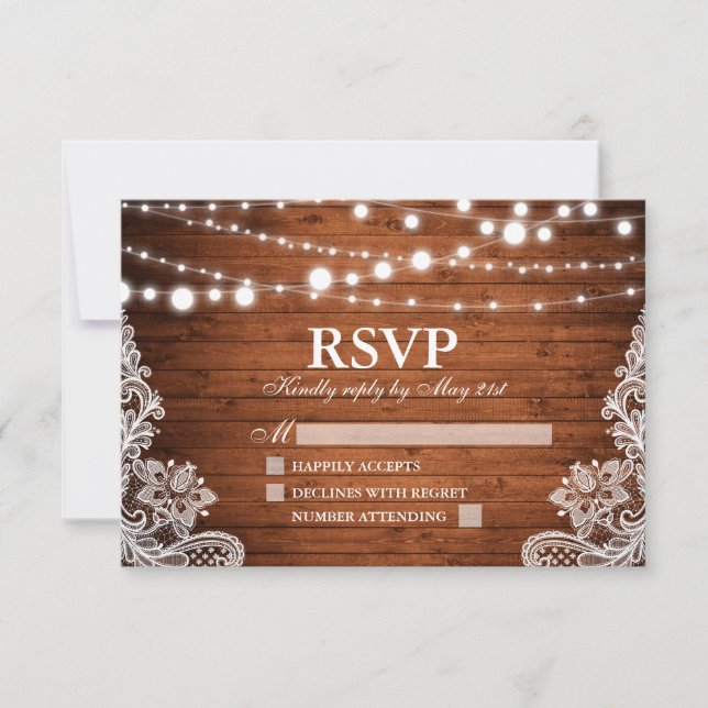 Rustic Wood String Lights Lace Wedding RSVP Card (Front)