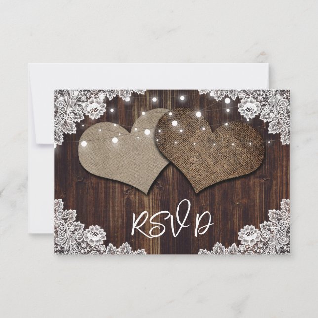 Rustic Wood String Lights Lace Wedding RSVP Card (Front)