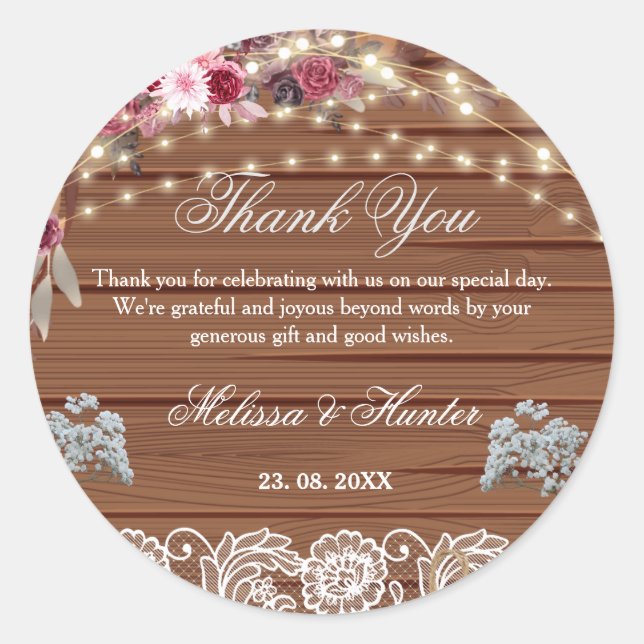 Rustic Wood String Lights Lace Wedding Thank You Classic Round Sticker (Front)