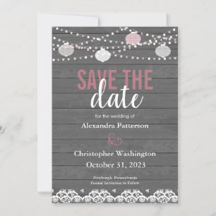 Rustic Wood & String Lights/Lanterns Save the Date Invitation
