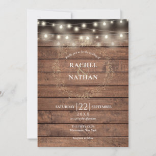Rustic Wood String Lights Laurel Garland Wedding Invitation