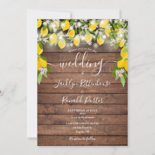 Rustic Wood String Lights Lemons Blossom Wedding Invitation