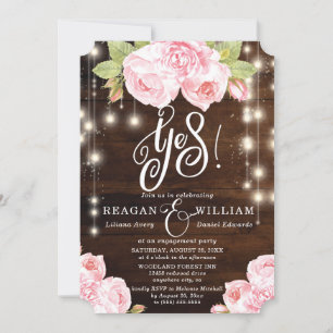 Rustic Wood String Lights Lettering Engagement Invitation