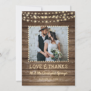 Rustic Wood String Lights Love & Thanks Wedding Thank You Card