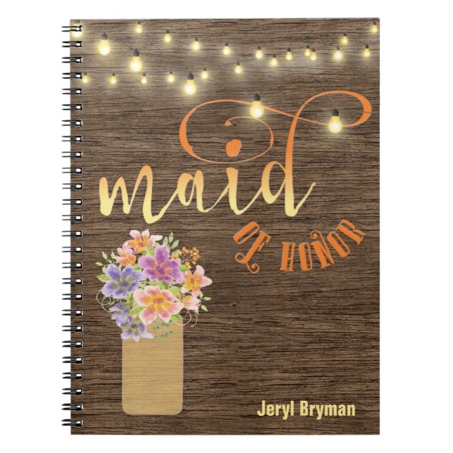 Rustic Wood String Lights “Maid-of-Honour” Notebook (Front)
