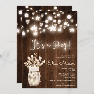 Rustic wood string lights mason boy baby shower invitation