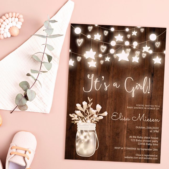 Rustic wood string lights mason girl baby shower invitation (Creator Uploaded)