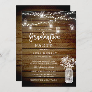 Rustic Wood String Lights Mason Graduation Party Invitation