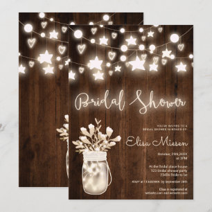 Rustic wood string lights mason jar bridal shower invitation