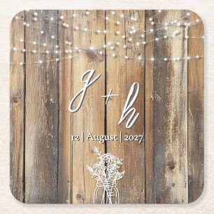 Rustic Wood String Lights Mason Jar Elegant Favors Square Paper Coaster