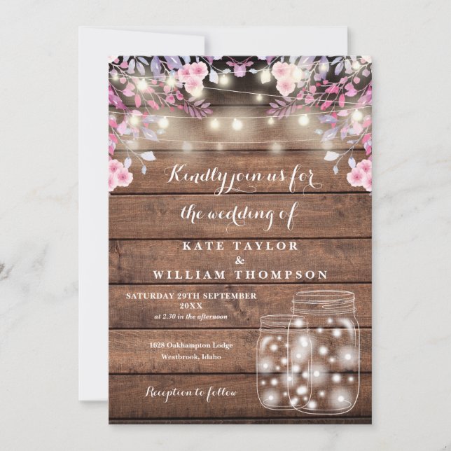 Rustic Wood String Lights Mason Jar Floral Wedding Invitation (Front)