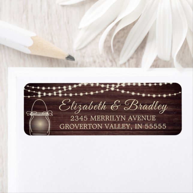 Rustic Wood String Lights Mason Jar Return Address (Insitu)