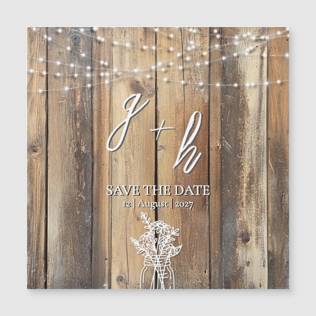 Rustic Wood String Lights Mason Jar Save the Dates (Front)