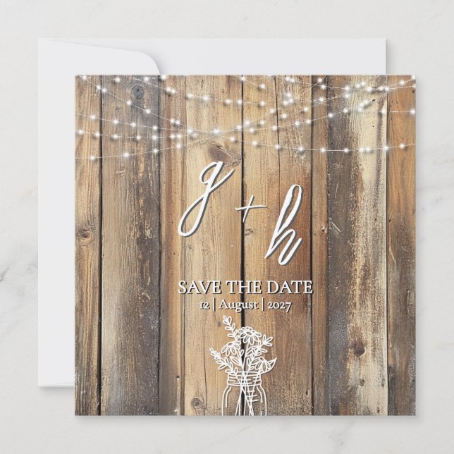 Rustic Wood String Lights Mason Jar Save the Dates (Front)