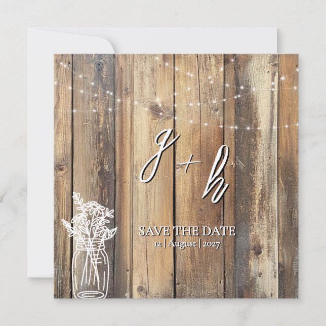 Rustic Wood String Lights Mason Jar Save the Dates (Front)