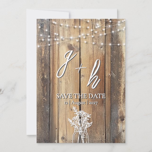 Rustic Wood String Lights Mason Jar Save the Dates Date (Front)