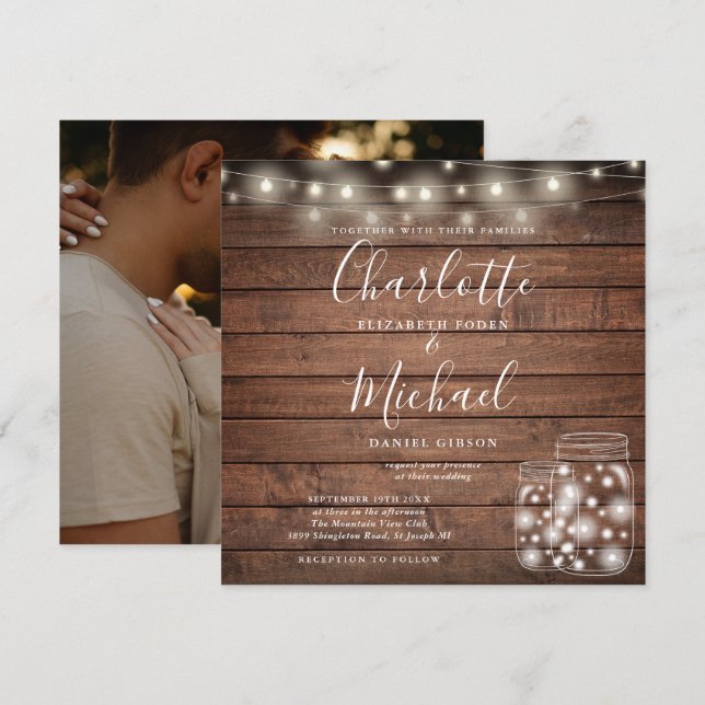 Rustic Wood String Lights Mason Jar Wedding Photo Invitation (Front/Back)