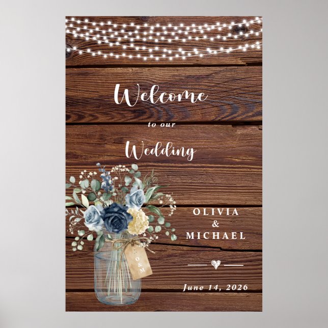 Rustic Wood String Lights Mason Jar Welcome  Poster (Front)