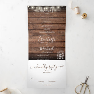 Rustic Wood String Lights Mason Jars Photo Wedding Tri-Fold Invitation