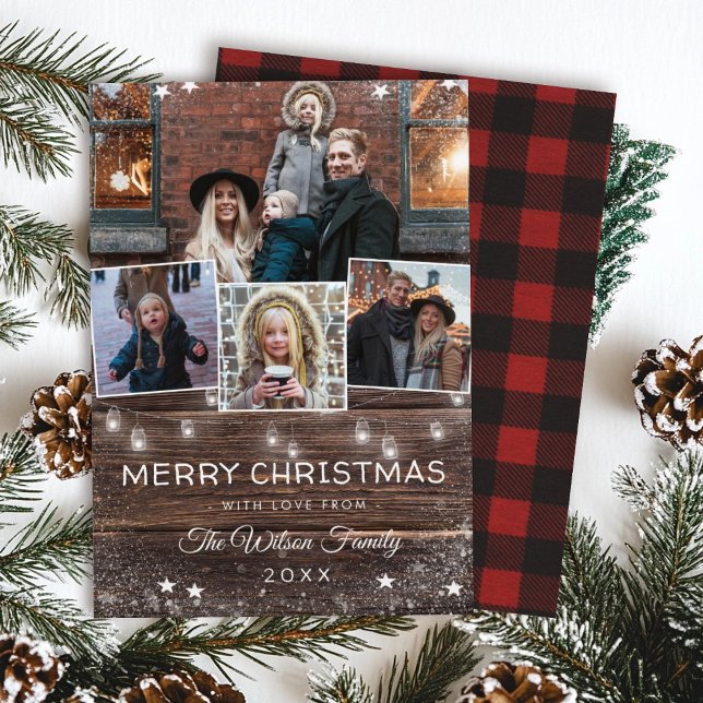 Rustic Wood String Lights Mason Jars Plaid Holiday Card (Creator Uploaded)