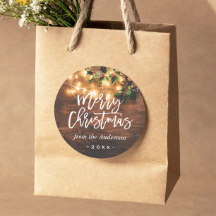 Rustic Wood String Lights Merry Christmas Holiday Classic Round Sticker