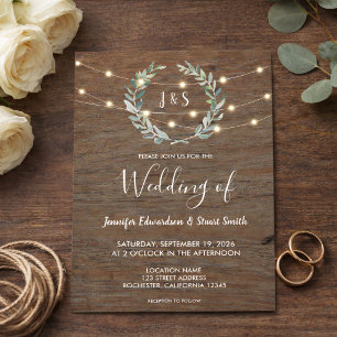 Rustic wood string lights monogram country Wedding Invitation