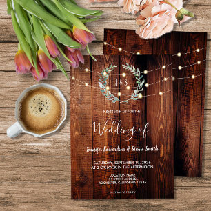 Rustic wood string lights monogram country Wedding Invitation