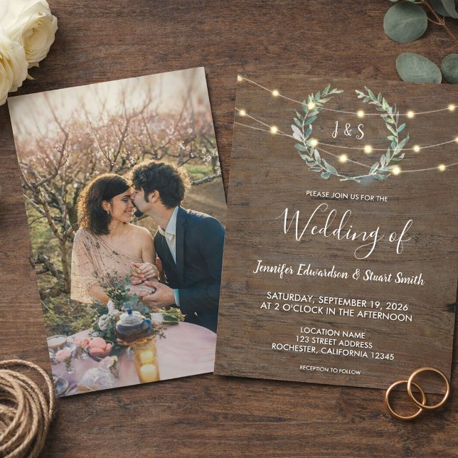 Rustic wood string lights monogram photo Wedding Invitation (Rustic wood string lights monogram photo Wedding Invitation. For your rustic country wedding.)