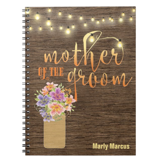 Rustic Wood String Lights Mother of the Groom Notebook (Front)