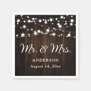 Rustic Wood String Lights Mr. and Mrs. Wedding Napkin
