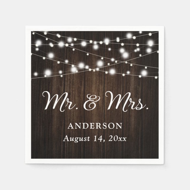 Rustic Wood String Lights Mr. and Mrs. Wedding Napkin (Front)
