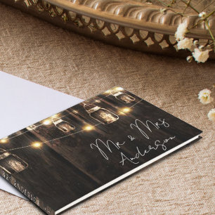 Rustic Wood String Lights Mr & Mrs Wedding Guest Book