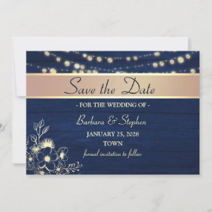Rustic Wood String Lights Navy Blue Wedding Save The Date