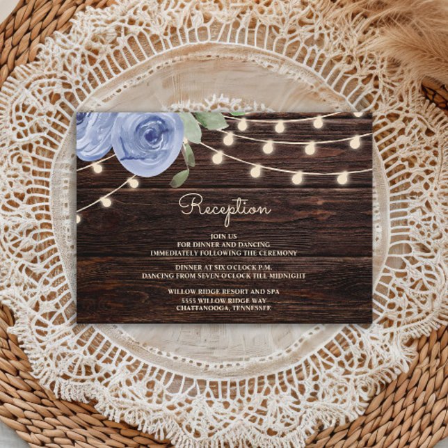 Rustic Wood String Lights Periwinkle Blue Floral Enclosure Card (Dusty blue watercolor floral and string lights on rustic wood wedding reception enclosure card)