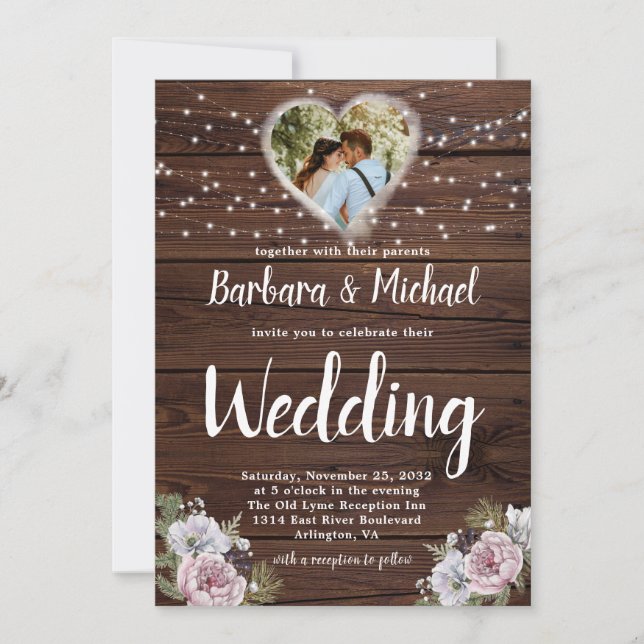 Rustic Wood String Lights Photo Floral Wedding    Invitation (Front)